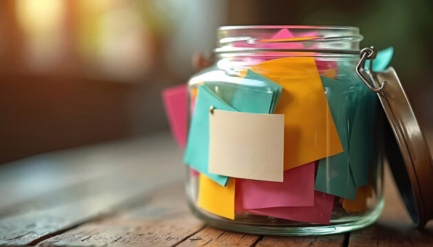 Glass jar brimming with colorful paper notes. Captures thoughts of gratitude and personal reflections. A practice for mental wellness and positive thinking.