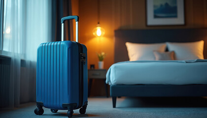 Fototapeta premium Blue suitcase stands ready in a dimly lit modern hotel room. Soft light from bedside lamp and window illuminates empty bed. Traveler prepared for journey or rest after long trip.
