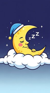 Smiling crescent moon sleeping on cloud.