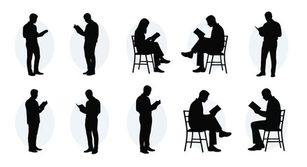 Obraz premium Silhouettes of people reading books and devices in various poses.