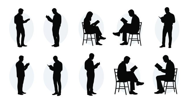 Silhouettes of people reading books and devices in various poses.