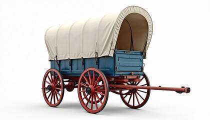 Antique blue covered wagon with red wheels sits isolated on a white background. This historical vehicle evokes old west journeys and pioneer travel across the frontier.