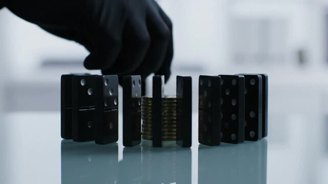 Gloved hands strategically build a wall of black dominoes around a stack of golden coins on a glass surface, symbolizing protection of assets or financial risk containment.