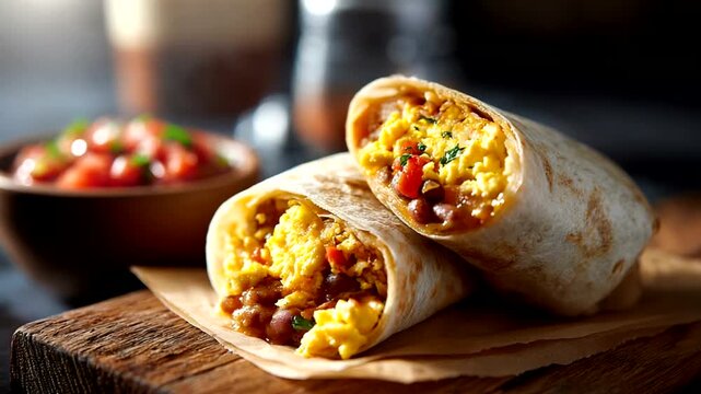 Breakfast Burritos with Filling and Salsa.