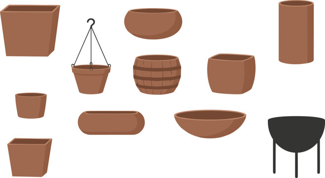 Terracotta garden pot and planter set with hanging baskets wooden barrels and modern ceramic containers