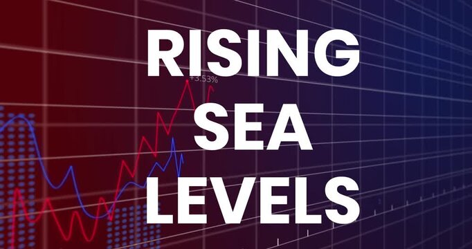 Animation of rising sea levels over financial graph