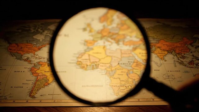 A magnifying glass is repeatedly placed over an illuminated antique world map, focusing intently on the borders of Europe and Northwest Africa, suggesting a close geographical examination.