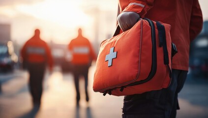 Fototapeta premium Emergency first responder carrying medical bag during sunset with team members walking in the background at rescue operation scene