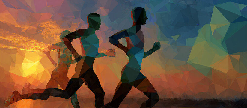 Abstract human figures jogging at sunrise in layered polygon forms