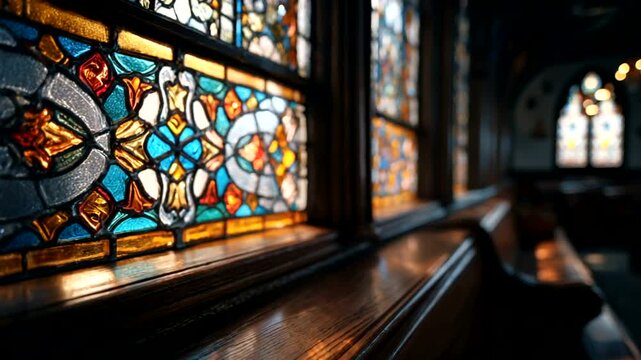 Beautiful stained glass window in a church with sunlight shining through.