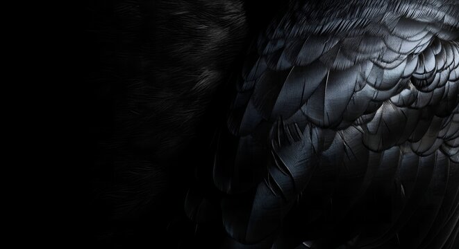 Detailed close up of glossy iridescent black raven feathers creating a dramatic dark texture background ideal for luxury and nature themes