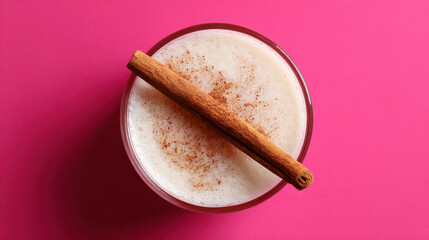 Top shot of a close-up glass of Horchata, a creamy rice drink, with cinnamon.