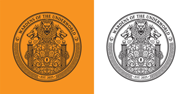 Cerberus Three Headed Dog Guarding Underworld Gates with Greek Key Border