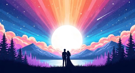 Fototapeta premium Silhouetted couple admiring vibrant sunset over serene lake and mountains