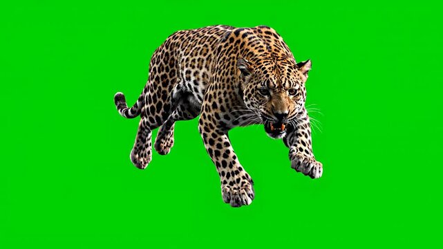 Aggressive leopard running dynamically with open mouth isolated on green screen background