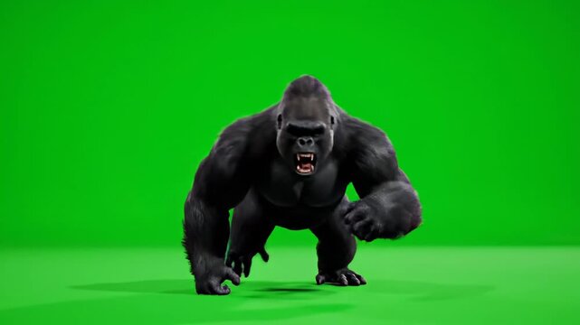 Powerful silverback gorilla imposing a dominant stance on a bright green screen