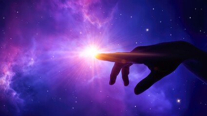 human hand touching light in outer space, cosmic connection, mystical concept, spiritual exploration, digital art, suitable for science fiction themes, esotericism and religion, supreme powers