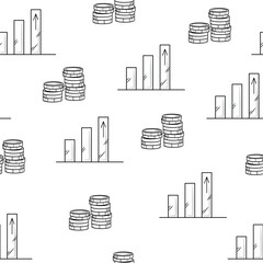 Obraz premium Seamless Finance Growth Pattern – Minimal Coin Stacks and Bar Chart Doodle Vector Background