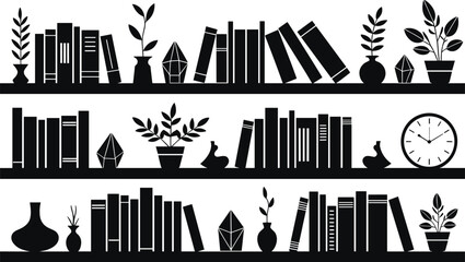 Black silhouette of three bookshelves filled with books plants and decorative objects Keywords: bookshelf, books, library © Monira