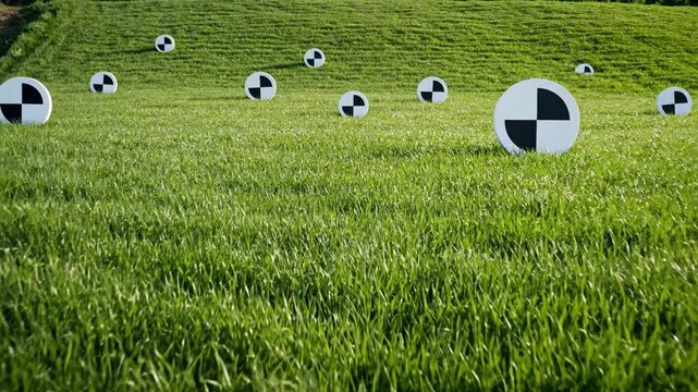 Geometric markers dotting green grassy hillside visual target concept
