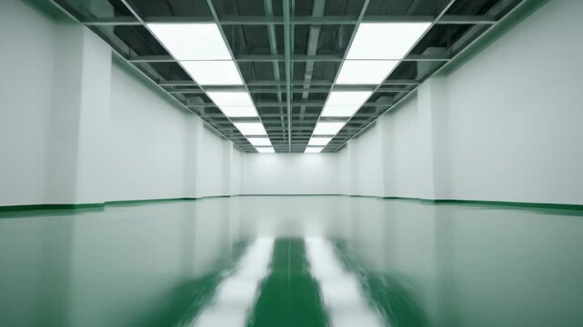 A perspective view looking up at a modern, brightly lit ceiling grid with white panels