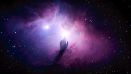 Fototapeta premium Hand reaching towards a shining star in a cosmic nebula background, soul, help from the highest powers, communication with God, the inner world of man
