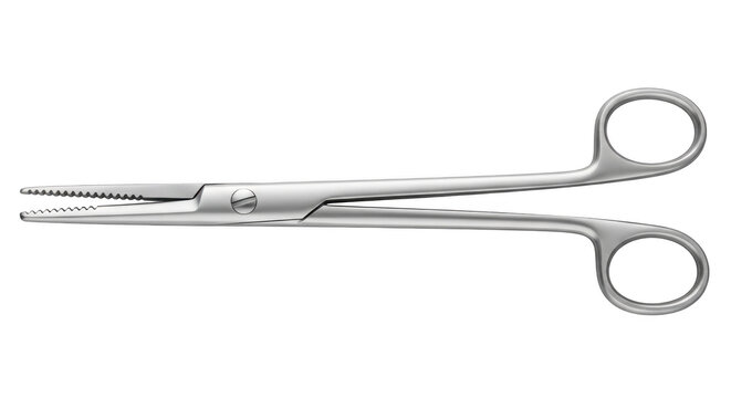 A pair of surgical scissors on a white background