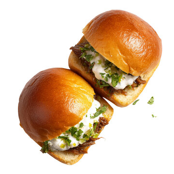 Two delicious sliders with fresh toppings and a soft bun, perfect for a quick snack. They're stacked together against a clean backdrop Isolated Transparent Background, PNG