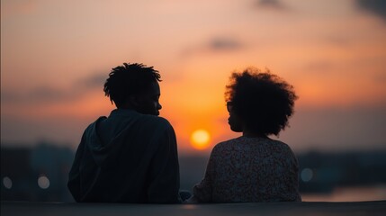 Silhouette of a young couple sitting together during sunset.
