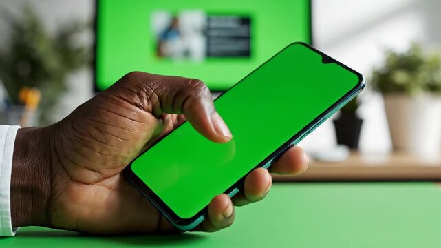 Hand holding mobile phone with green screen mockup for content insertion