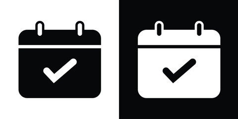 Calendar icon with a checkmark symbol, signifying completed tasks, confirmed appointments, or successful scheduling. Bold black and white vector for productivity apps. © bibin
