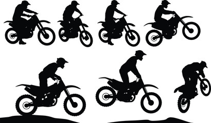 Silhouettes Of Motocross Riders Performing Stunts On White Background motorcycle