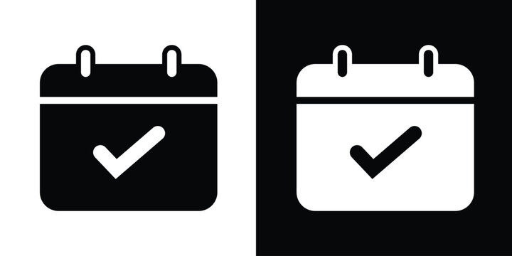 Calendar icon with a checkmark symbol, signifying completed tasks, confirmed appointments, or successful scheduling. Bold black and white vector for productivity apps.