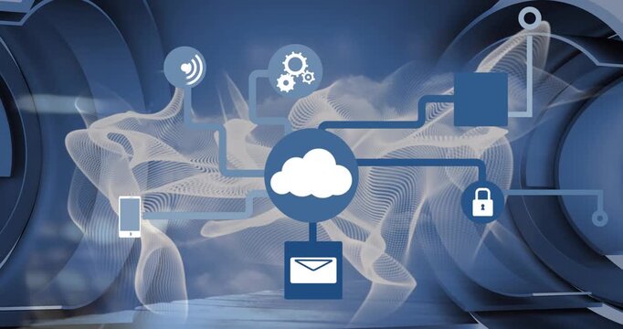 Animation of graphical flowchart with computer icons and abstract pattern on blue background