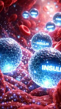 Insulin molecule glucose blood sugar hormone concept flowing through red vessel medical 3d illustration science background health care biology abstract detail controlling blood glucose level sugar
