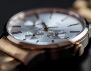 Luxury watch with leather strap on dark background closeup