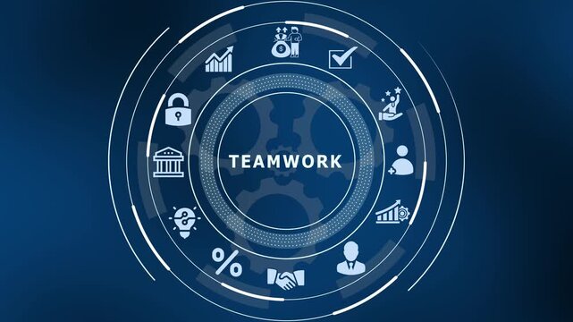 Business teamwork concept with professional flat icons representing collaboration, partnership, and collective effort in office.