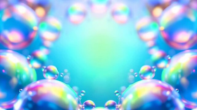 Abstract background with shiny, iridescent soap bubbles floating and moving on a colorful neon gradient