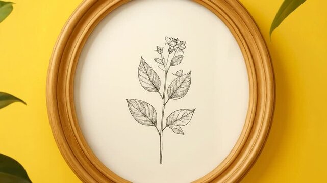 Elegant botanical illustration framed in a golden oval, set against a vibrant yellow background.