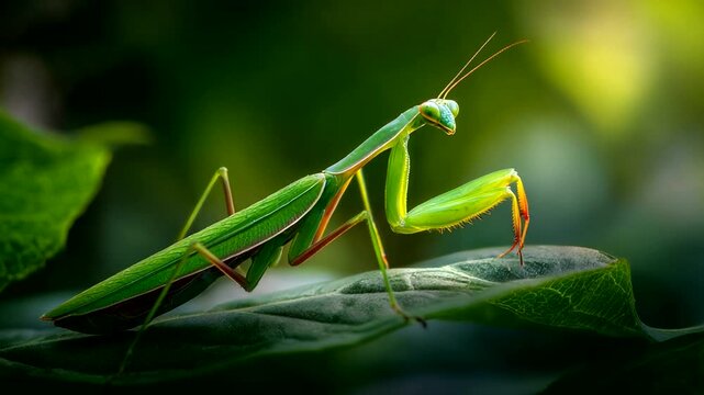 Beautiful Praying Mantis Resting on a Green Leaf in Nature.