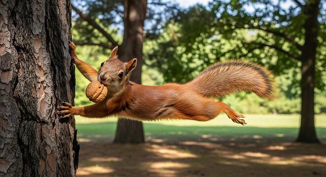 A red squirrel leaps from a tree trunk, holding a walnut, with blurred green background