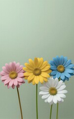 Obraz premium Five colorful daisiespink, yellow, blue, and whitestand tall against soft green backdrop.
