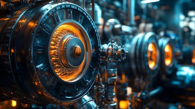 A row of gleaming high tech industrial pumps with glowing orange interiors set in a dimly lit mechanical facility showcasing precision engineering and advanced machinery for manufacturing or energy