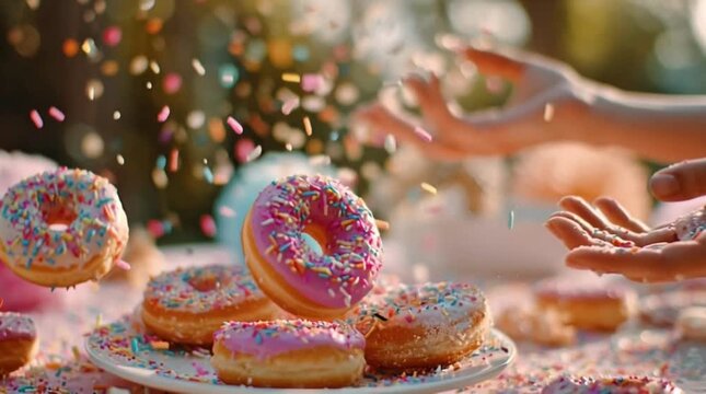 Vibrant pink-frosted donuts gracefully floating and covered in a whimsical cascade of colorful sprinkles, embodying a sweet celebration of joy