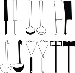 Set of black vector silhouettes of sharp steel knives and kitchen tools isolated on a white background as a metal equipment illustration
