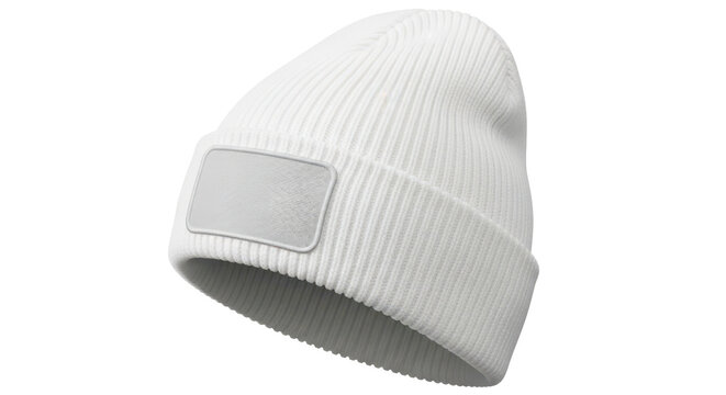 White ribbed knit beanie hat with a blank patch for a logo mockup. Isolated on transparent background, png