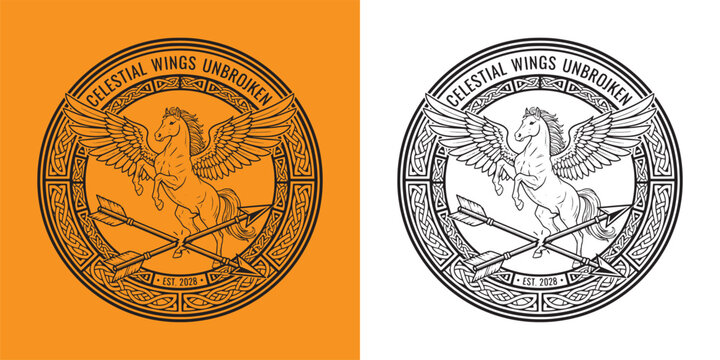 Celestial Pegasus Emblem with Broken Arrows and Celtic Border