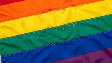 Obraz premium Vibrant and meaningful rainbow flag close-up, symbolizing diversity, equality, and pride, with its colors representing the inclusive spirit of a resilient community, showing some textured fabric