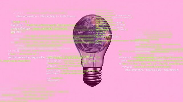 Light bulb with Earth inside over green coding animation on pink background