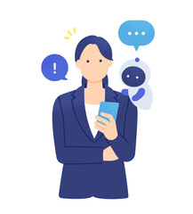 スマホを見る女性にAIがアドバイス。AIの提案でひらめくビジネスウーマンのベクターイラスト素材。